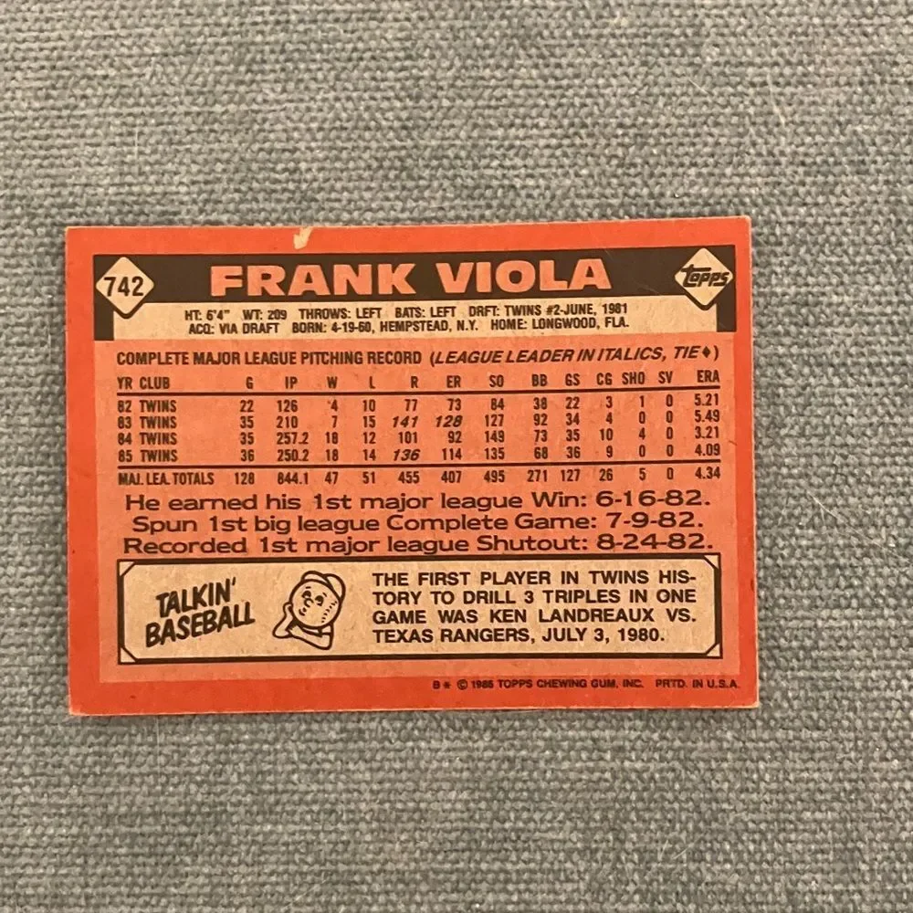1986 Topps Minnesota Twins Baseball Card